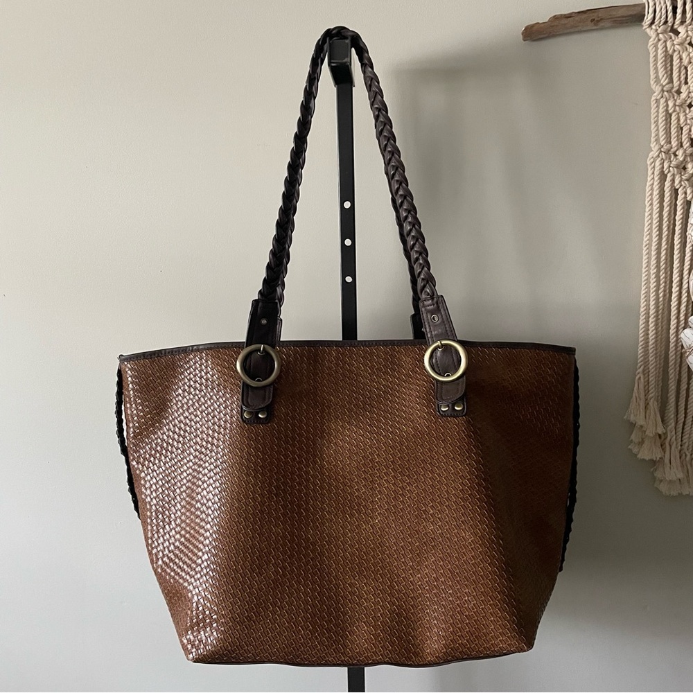 Bueno Large Woven Braided Boho Tote Bag XL Purse Brown Cognac Vegan Faux Leather - Picture 2 of 11